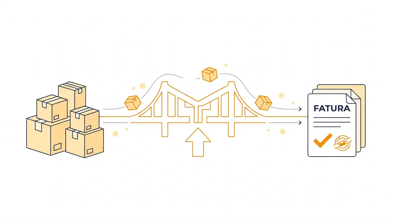 Ilustração: encomendas atravessam uma ponte e chegam ao outro lado como fatura certificada, com IVA