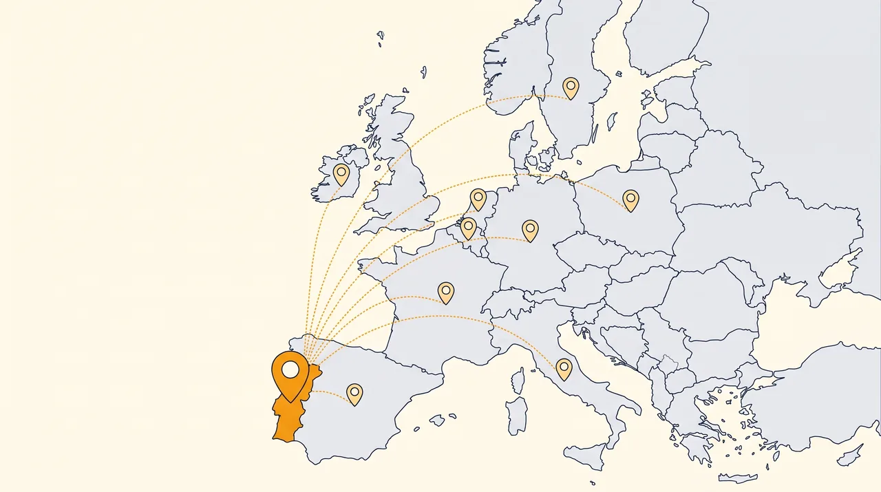 Mapa da Europa com os 9 marketplaces Amazon da UE ligados a Portugal
